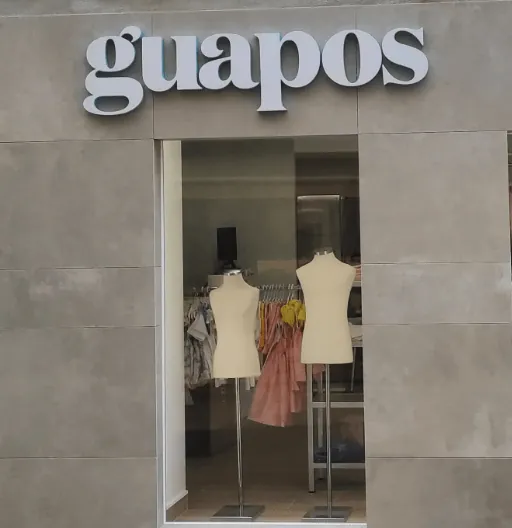 Letras corpóreas de PVC con el nombre Guapos sobre fachada de una tienda de moda