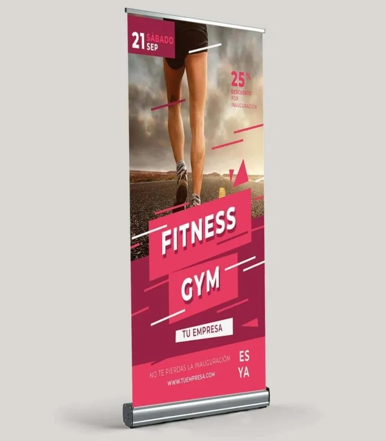 Roll-up publicitario impreso con la imagen de un gimnasio